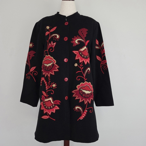 Alex Kim Jackets & Blazers - Vintage Alex Kim Black Jacket with Red Floral Embroidery Size Large